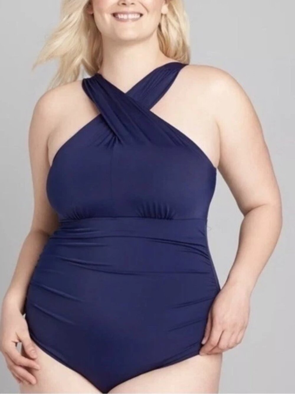 SWIM BY CACIQUE Crossover Neck One Piece Swimsuit Bathing Suit Navy Women's 24